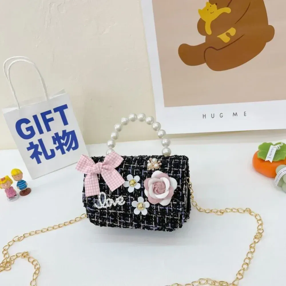 Color: Dark Grey - New Children's Fashion Little Fragrant Wind Elsa Princess Bag Little Girl Pearl Handheld Crossbody Bag Net  Red envelope