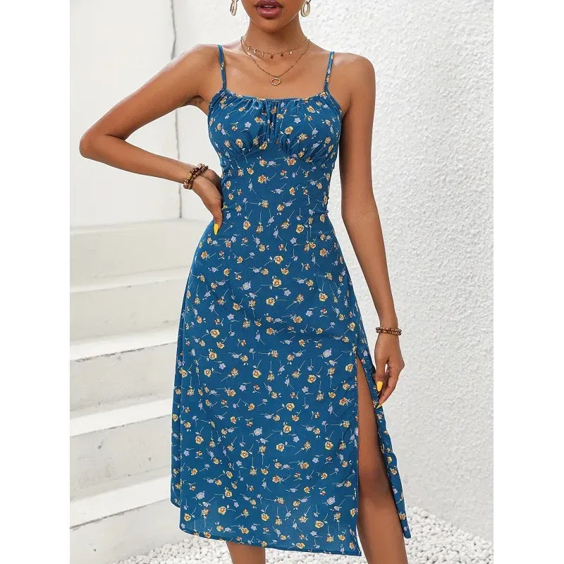Color: Dark Green, Size: M - 2025 Summer Sexy Spaghetti Straps Dress Women Fashion Polka Dot Print Sleeveless Slit Dress Boho Casual Beach Midi Dresses