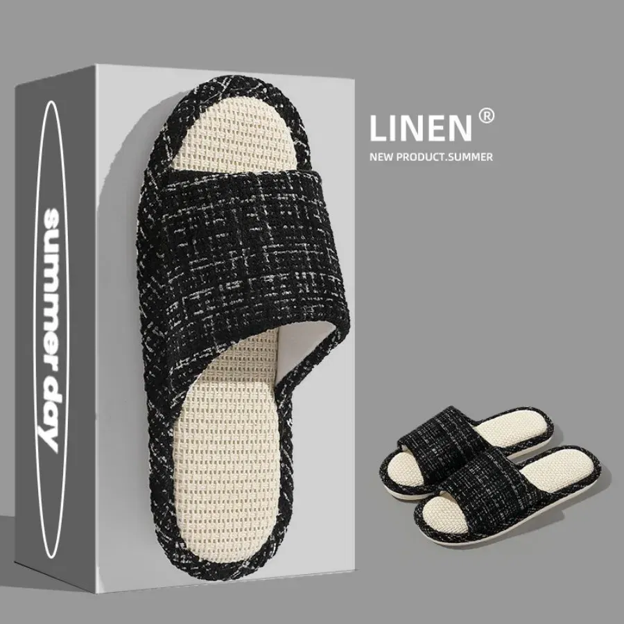 Color: Grass-Green, Shoe Size: 38-39 - 2024 New Women's Fashion Home Linen Couple Slippers Breathable Home Shoes Moisture Absorbing Anti slip Cotton Linen Slippers