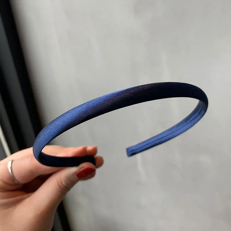 Color: Navy Blue - Red Blue Green Satin Headband for Women girls Kids Hair band Solid Color Thin Elastic Hair Hoop Accessories Headpiece
