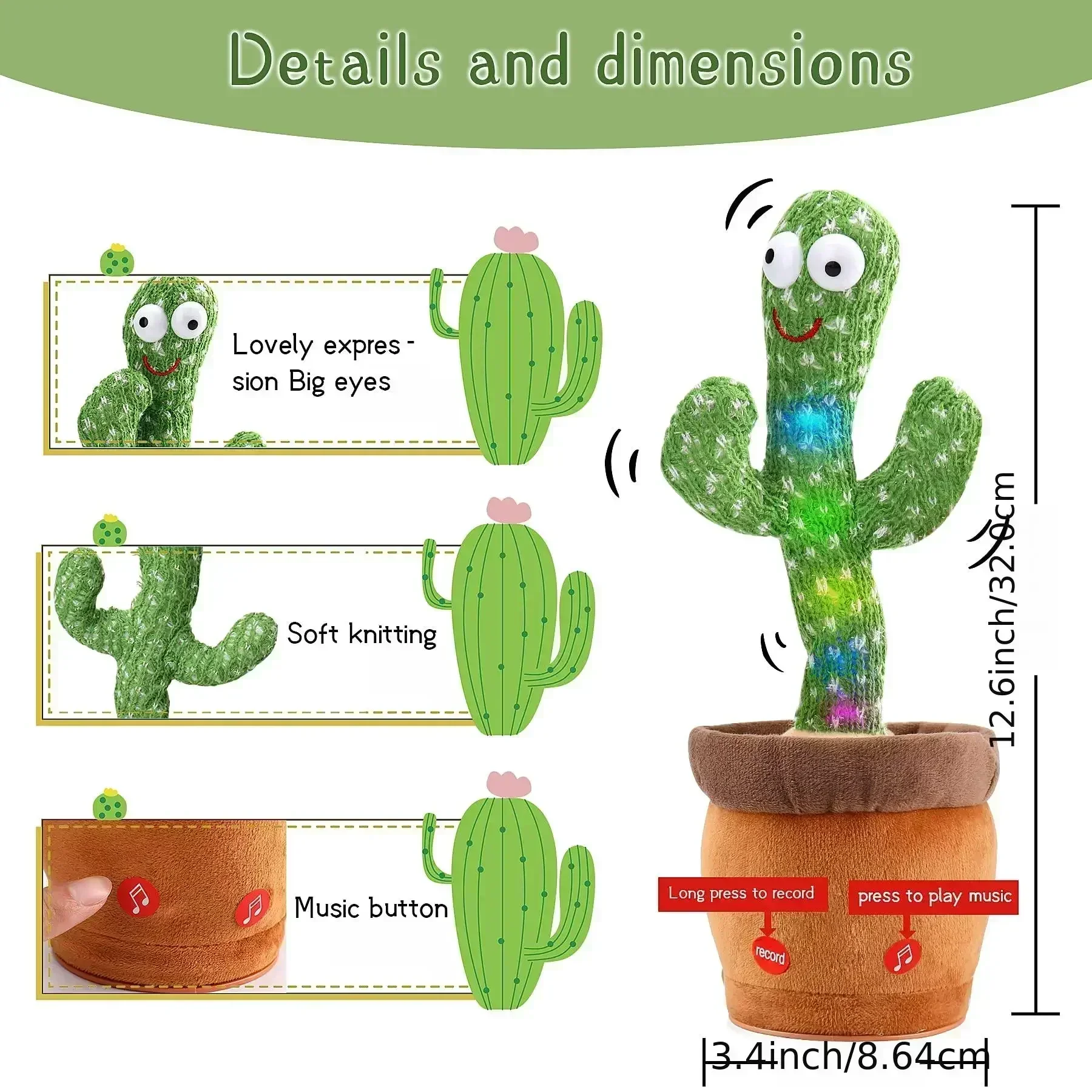 Color: GRAY - Sunshine Cactu Children's Electronic Plush Toy Dancing and Talking Cactu Children's Birthday Party Christmas Gift with 120 Songs