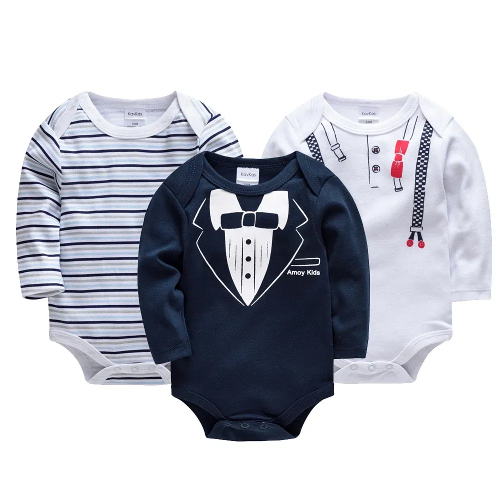 Color: Blue, Kid Size: 12M - Kavkas Baby Boys Girls Bodysuit 3 PCS Long Sleeve 100% Cotton Baby Clothes 0-12 Months Newborn Body Bebe Jumpsuit Clothing