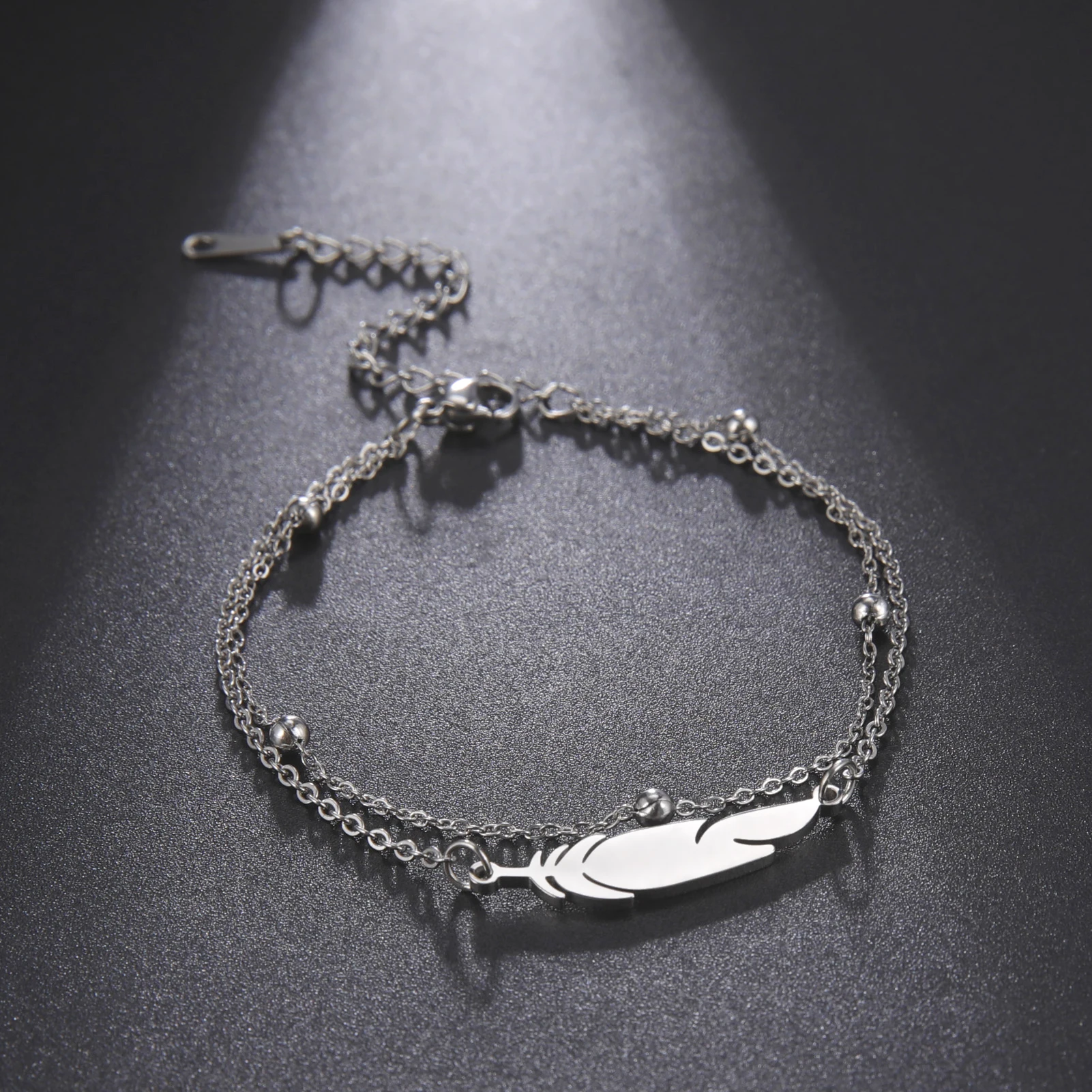 Metal Color: Red - Kkjoy Ankles of Women Men Silver Color Feather Stainless Steel Double Foot Chain Beach Style Trendy Female Jewelry Accessories