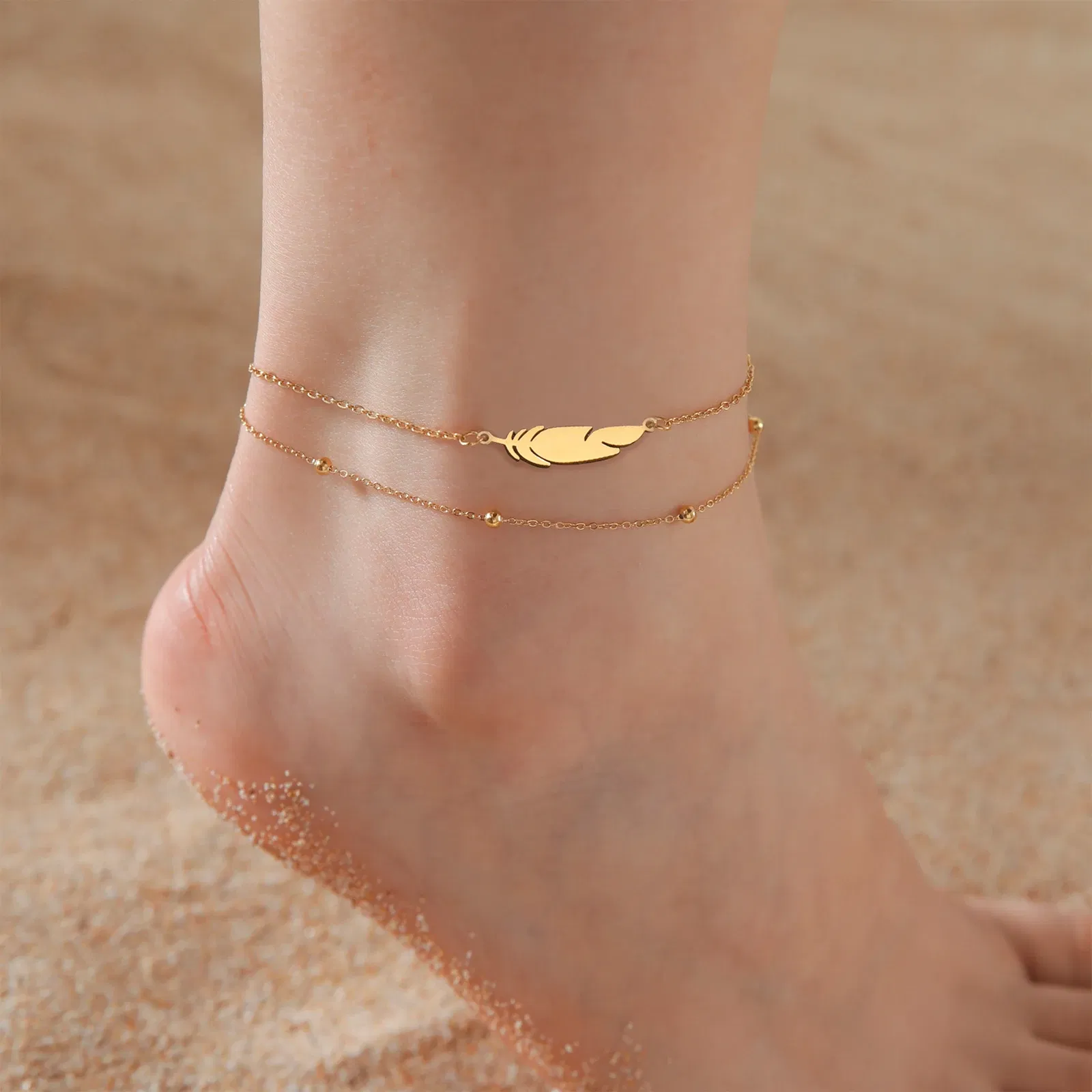 Metal Color: Red - Kkjoy Ankles of Women Men Silver Color Feather Stainless Steel Double Foot Chain Beach Style Trendy Female Jewelry Accessories