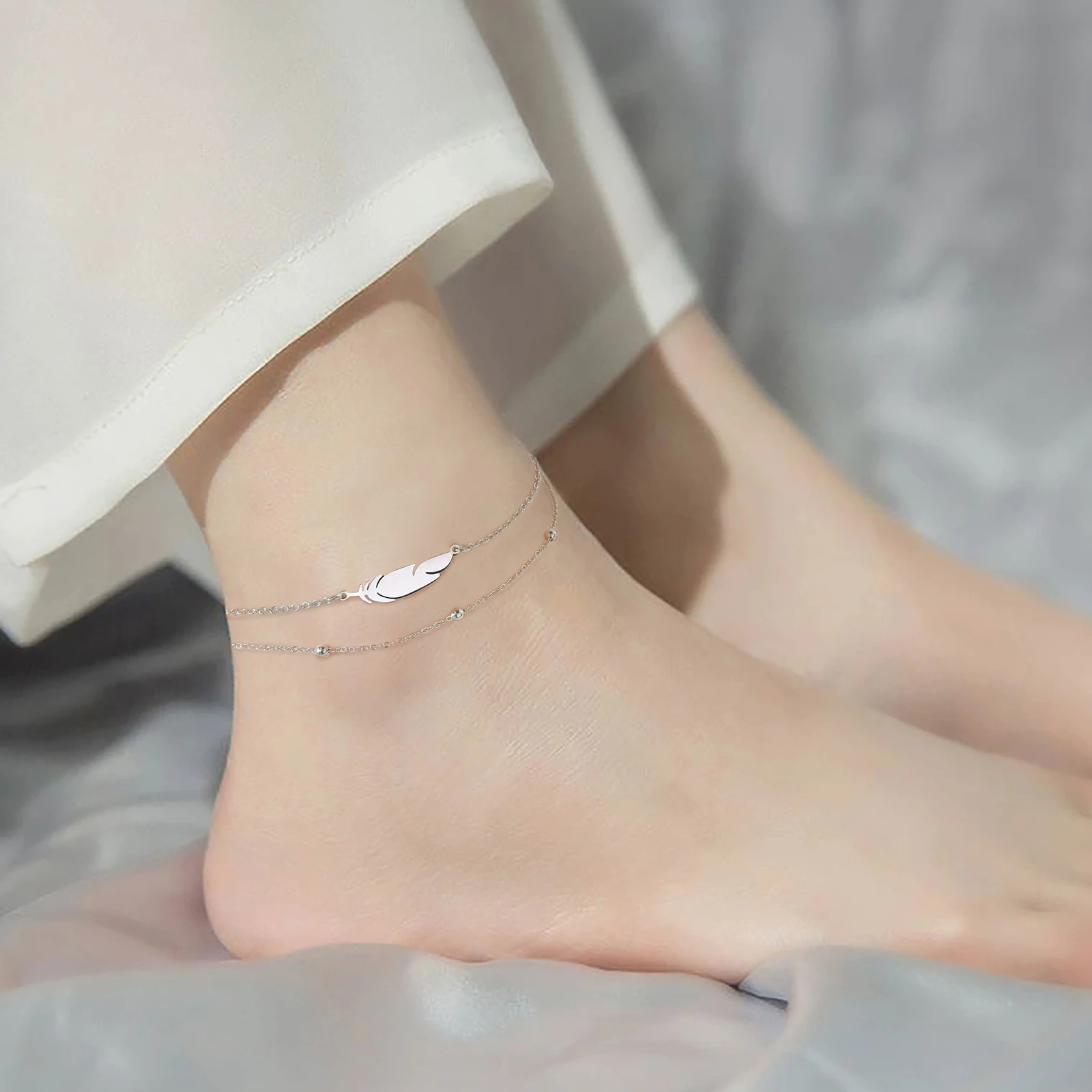 Metal Color: Red - Kkjoy Ankles of Women Men Silver Color Feather Stainless Steel Double Foot Chain Beach Style Trendy Female Jewelry Accessories