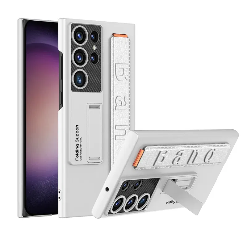 Color: WHITE, Material: aluminum - S24 Ultra Wrist Strap Holder Case For Samsung Galaxy S23 Ultra Carbon Fiber Shockproof Armor Camera Protector Kickstand Cover