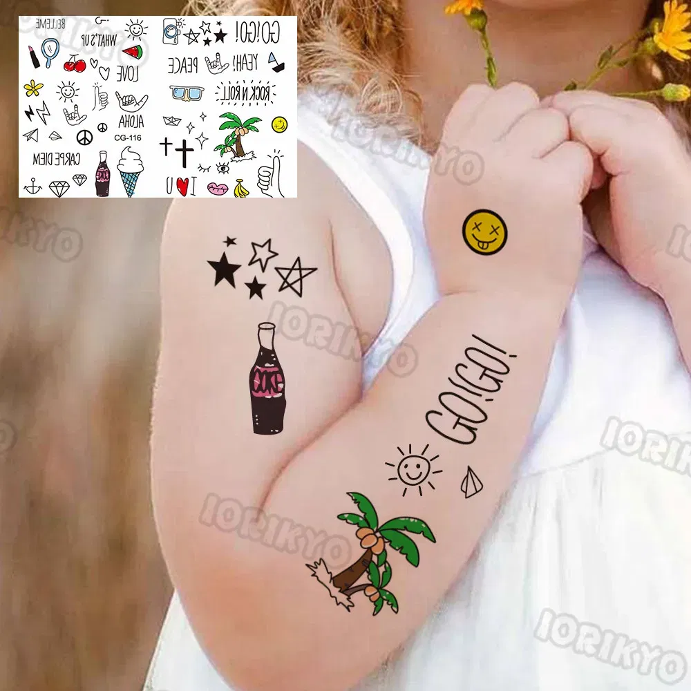 Color: army green - Cute Small Bus Car Temporary Tattoos For Kids Boys Girls Baby Child Cute Dinosaur Tattoo Sticker Funny Fake Star Tatoo Face Hand