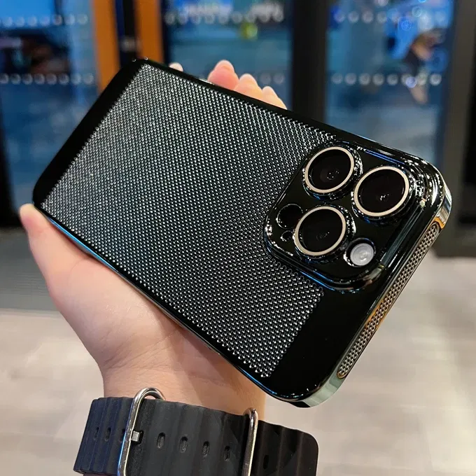 Color: Blue, Material: Denim - Luxury Plating Hollowed Out Case for iPhone 12 13 Mini 11 14 Pro Max X XR Xs Max 7 8 Plus Heat Dissipation Shockproof Lens Cover