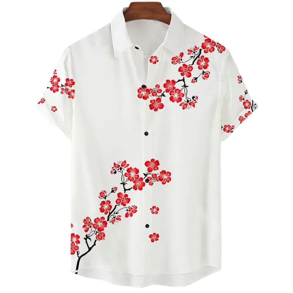 Color: Silver, Size: XL - Fashionable Luxury Social men's Shirt Lapel button-down Shirt Casual Japanese Aesthetic Cherry Blossom Print short-sleeved Tops