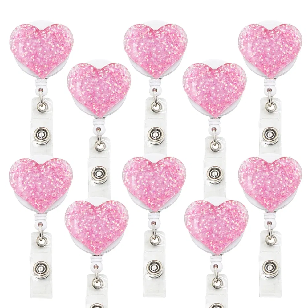 Color: Rose Red - idclip 10 Pcs Bling Love Heart Retractable Badge Holder Badge Clips for Nurse ID Badge Reel with Alligator Clip