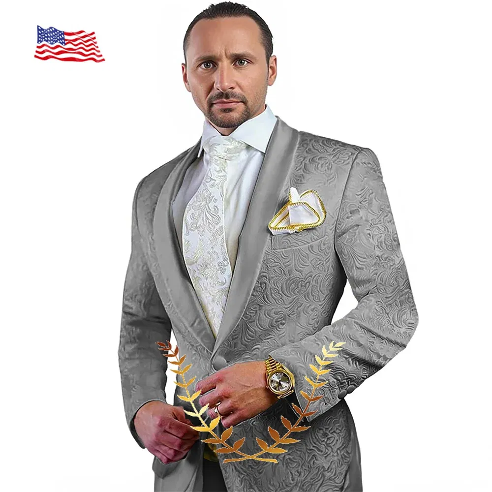 Elegant Men's Suit Wedding Groom Tuxedo 2 Piece Set White Pattern Jacket Pants Formal Party Full Men's Suit