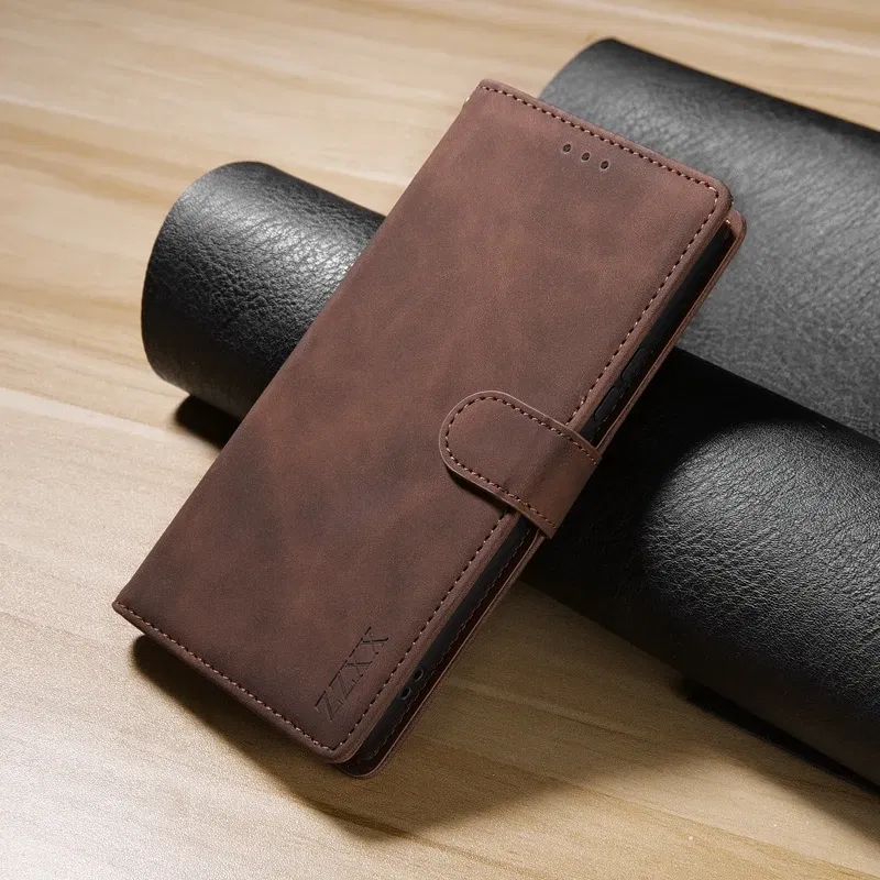 Color: Brown, Bundle: Case & Strap, Material: Pc + tpu - Wallet Card Slot Holder Magnetic Flip Leather Case For Samsung Galaxy S23 Ultra S22 Plus S21 FE S20 A12 A13 A14 A34 A52 A53 A54