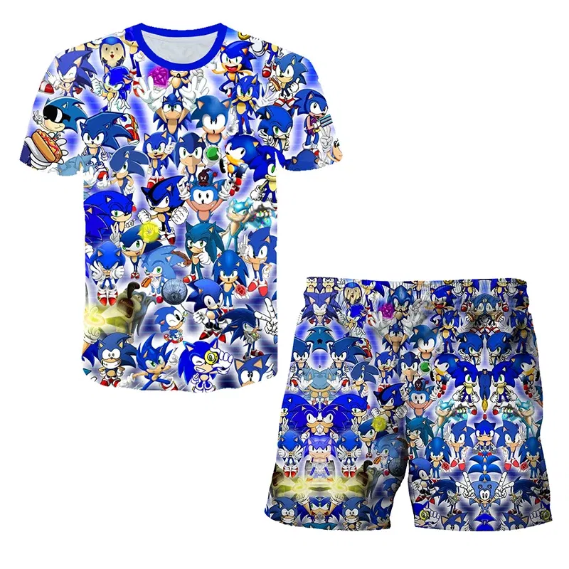 Color: Chocolate, Size: 40cm - New Japanese cartoon Sonic T-shirt children's top T-shirt shorts two-piece set summer boy cartoon cute T-shirt+beach pants