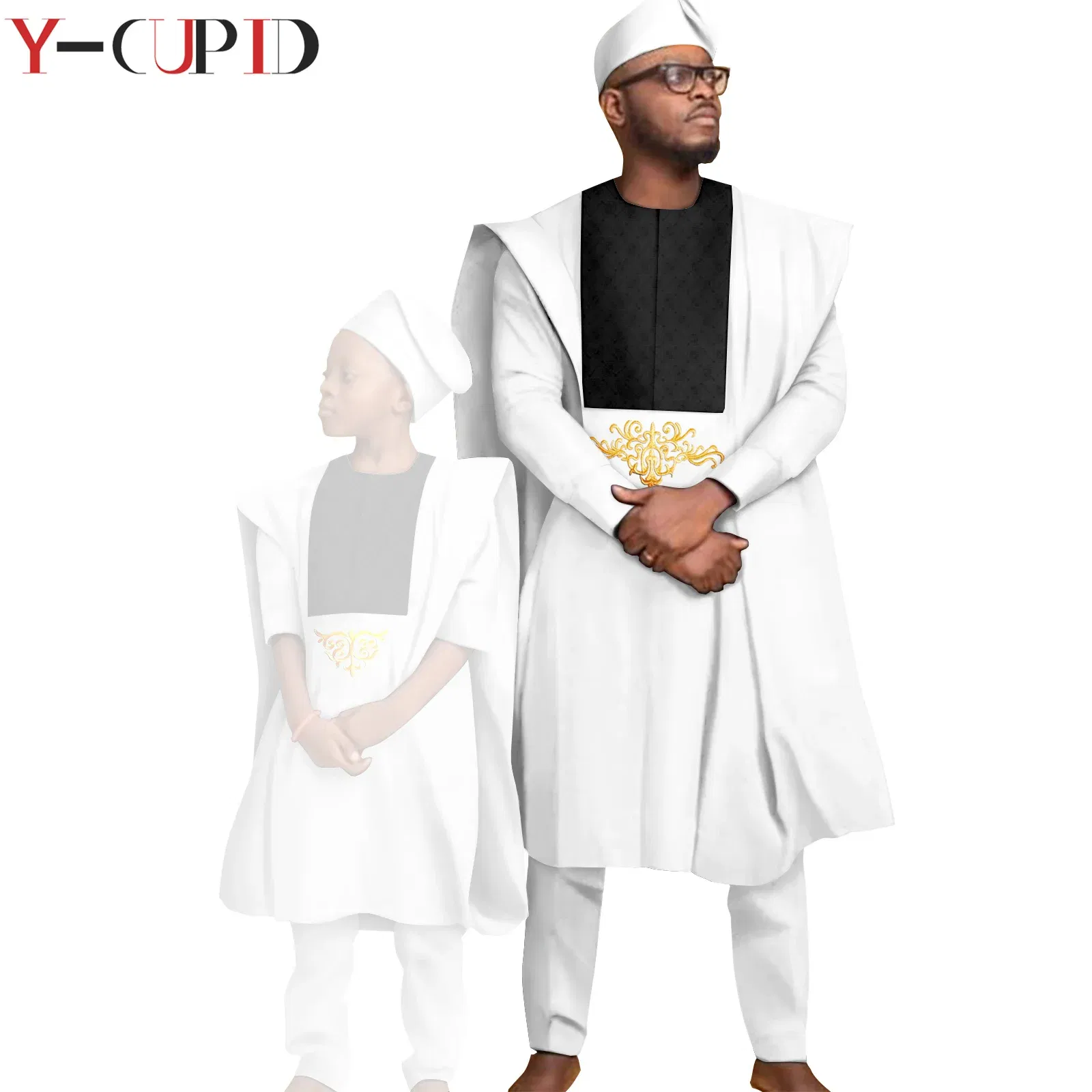 Color: Red, Size: L - African Clothes for Men Top Pants Robes Hat Sets Match Kid Boy Sets Dashiki Father and Son Bazin Riche Family Outfits Y20F001