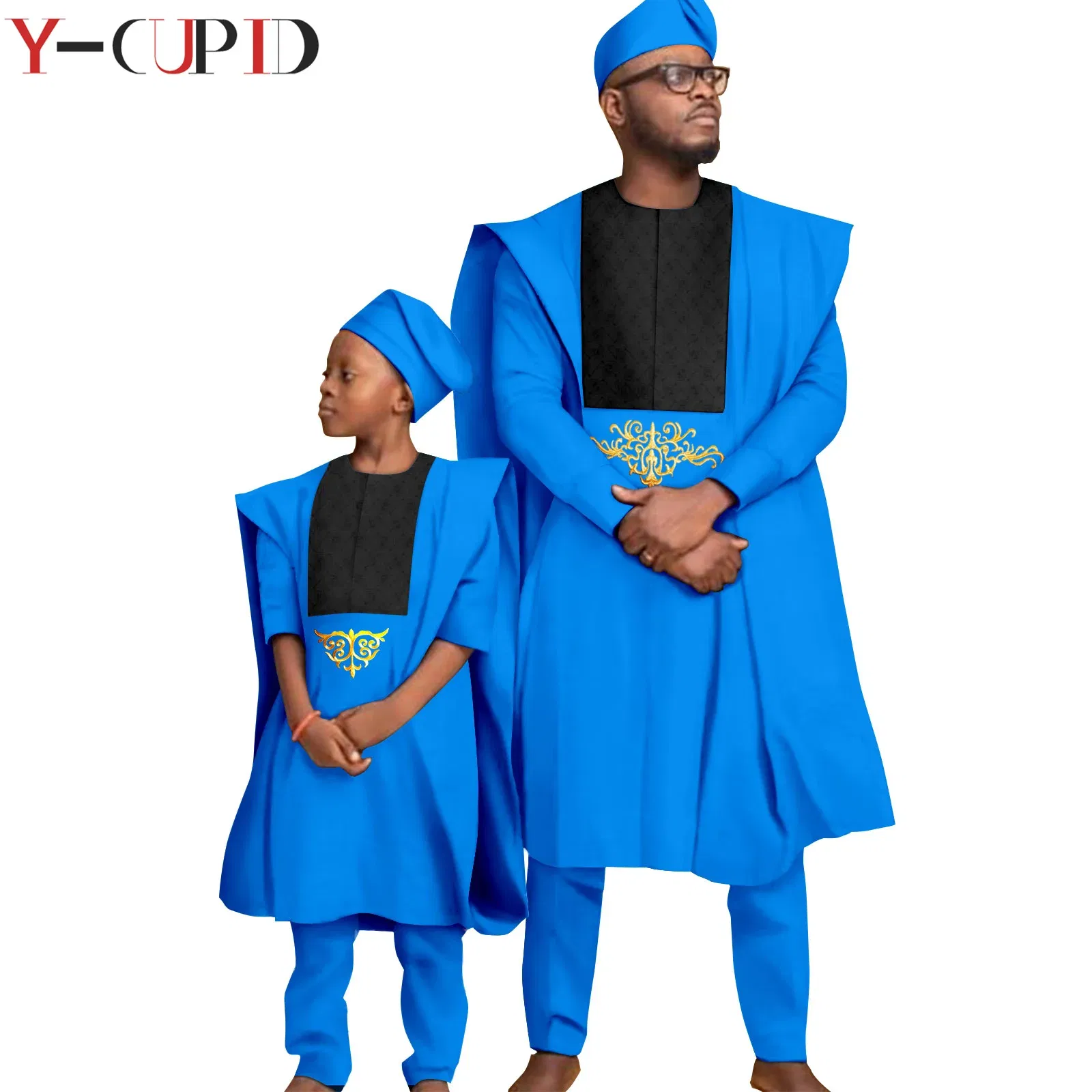 Color: Red, Size: L - African Clothes for Men Top Pants Robes Hat Sets Match Kid Boy Sets Dashiki Father and Son Bazin Riche Family Outfits Y20F001