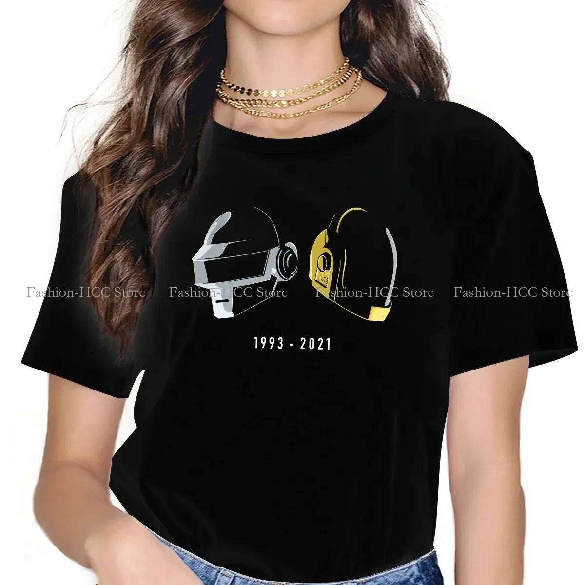 Color: black, Size: S - Daft Punk Electronic Music Band Polyester TShirts Tribute Helmet Art Essential Distinctive Women's T Shirt Hipster Tops