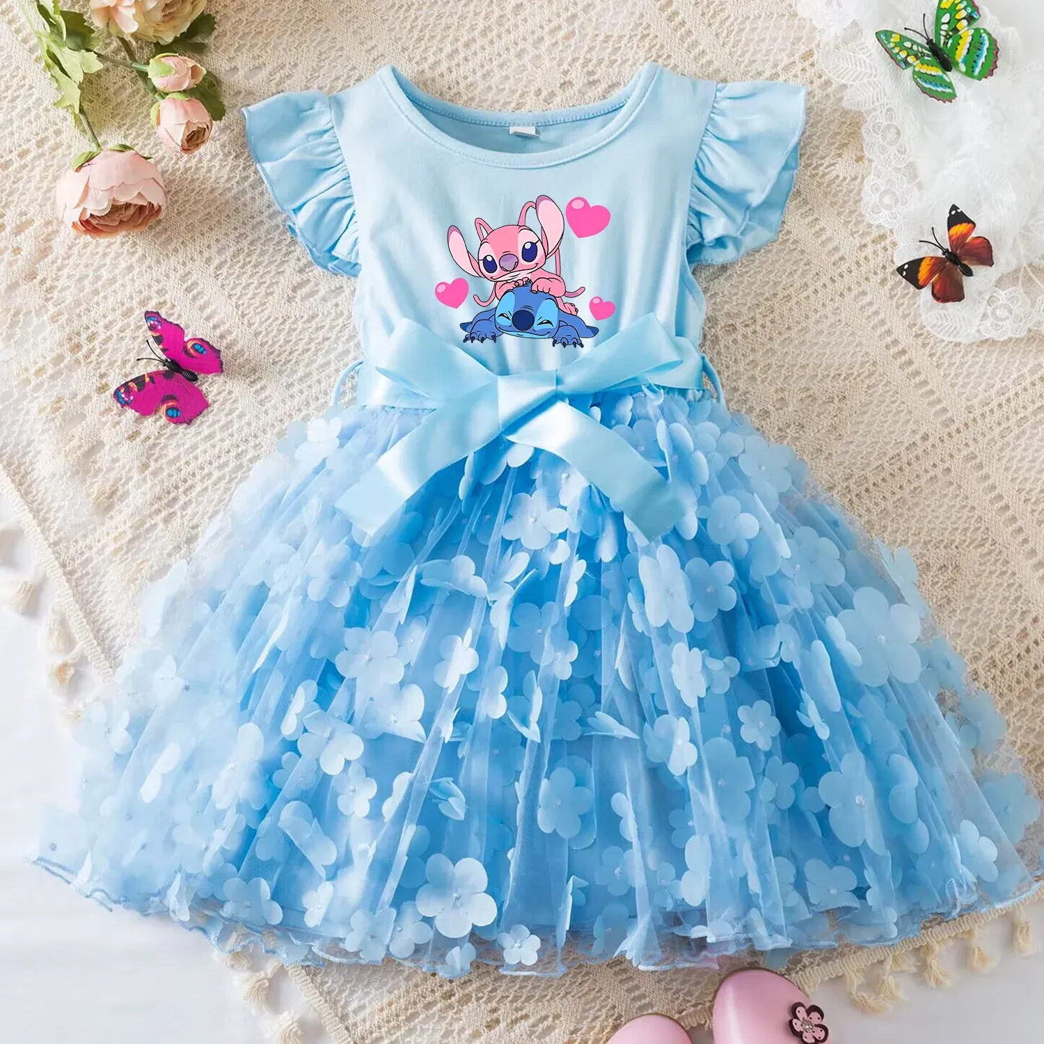Color: WHITE, Size: XL - 3D Butterfly Cute Lilo Stitch Summer Dress for Kid's Casual Clothes Baby Girls Beautiful Princess Dress Party Dresses 2-6 Yrs