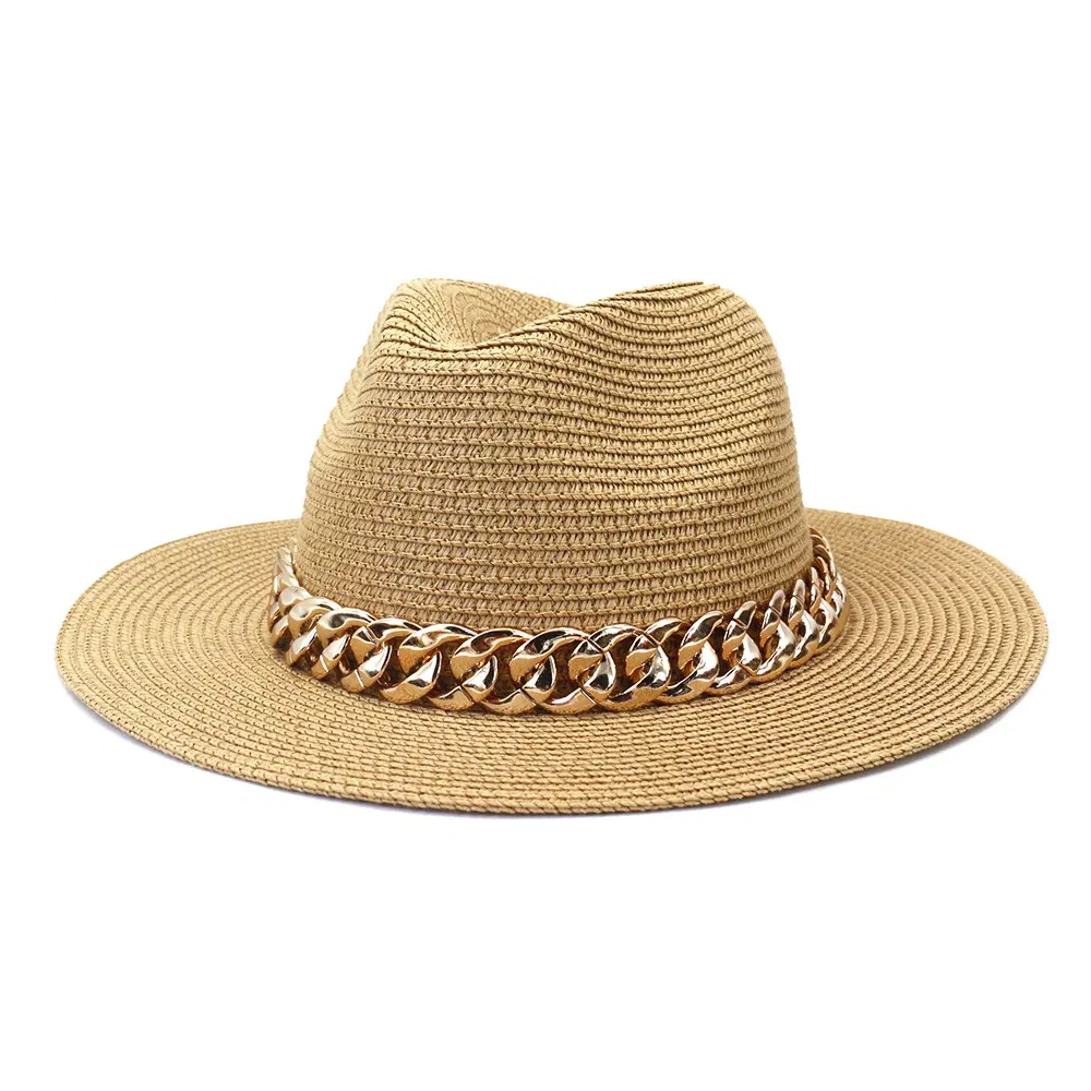 Color: Khaki, Size: M - Fashion Gold Chain Belt Panama Straw Hats For Women Summer Breathable Beach Sun Hats Elegant Ladies Party Jazz Hat