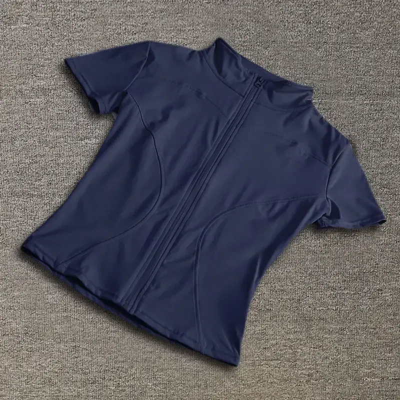 Color: DEEP BLUE, Size: L - Summer High Quality Waist Slimming Training Tops Women's Quick-drying Tight Stand Collar Full Zipper Short Sleeves Yoga shirts