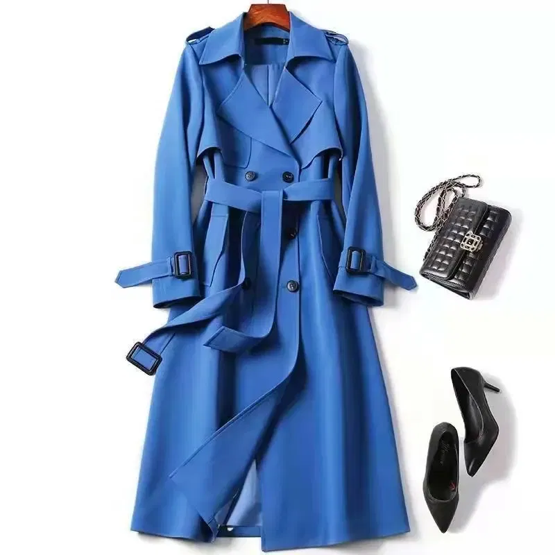 Color: Blue, Size: XXXL - Autumn Winter Long Sleeve Trench Coat For Women 2024 Fashion Loose Office Lady Long Outerwears Jacket Coats Female Clothing