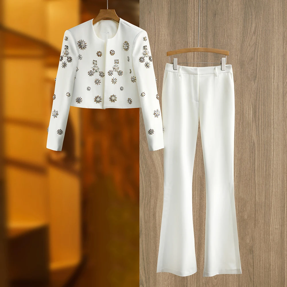 Color: WHITE, Size: XXL, Ships From: CHINA - Luxury Design Handmade Spark Rhinestone Women 2PCS Pants Suits Short Jacket Wide-leg Trousers High Street White Twin Sets