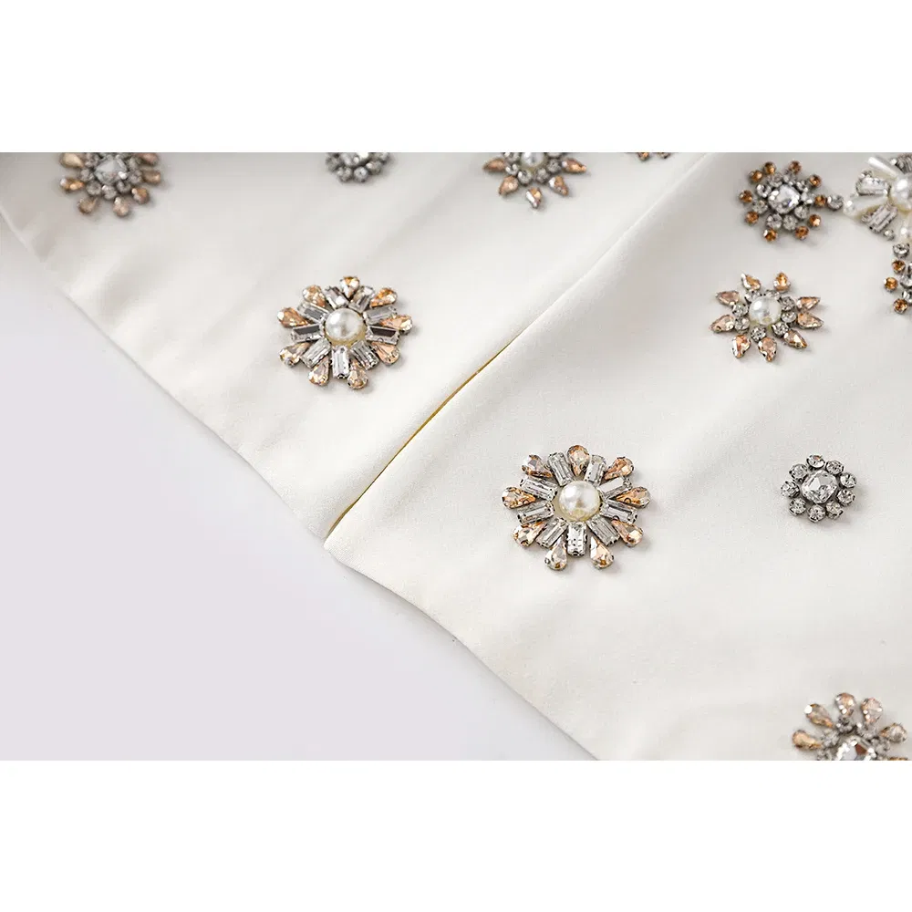 Color: WHITE, Size: XXL, Ships From: CHINA - Luxury Design Handmade Spark Rhinestone Women 2PCS Pants Suits Short Jacket Wide-leg Trousers High Street White Twin Sets