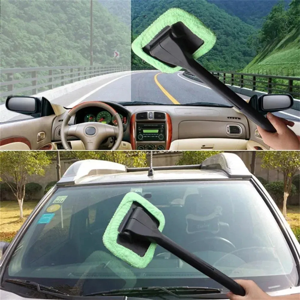 Color: green - Car Windshield Cleaning Brush Kit Car Window Wiper Home Glass Defogging Dust Towel With Long Handle Cleaner Brush Washing Tool
