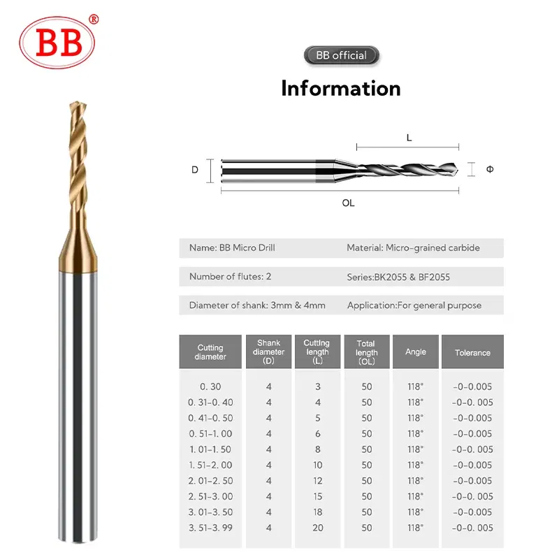 Hole Diameter: 3.1mm - BB 2.03-3.75mm Micro Drill Mini Coated Solid Carbide Bit Metal Iron Steel Hole Drilling 3xD Cutting Length D=4mm CNC Tool 1pcs