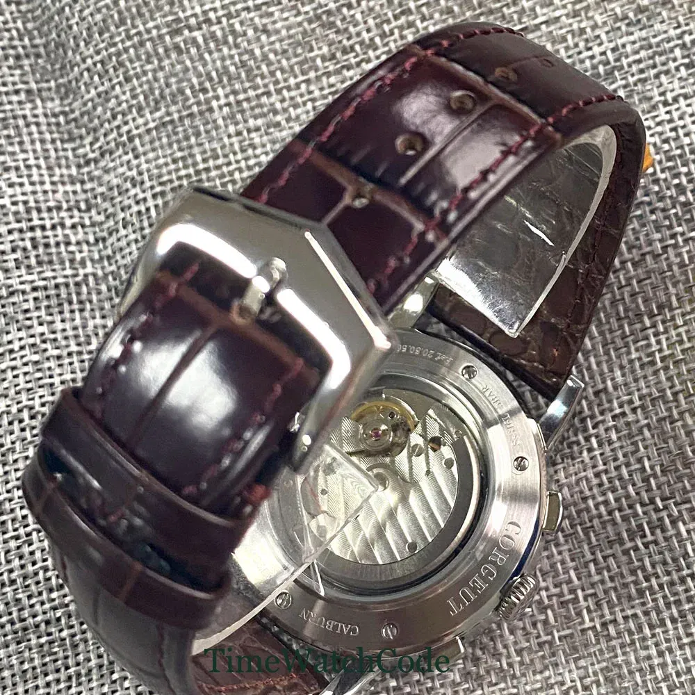 Color: Blue - Corgeut 42mm Automatic Men's Watch Date Day Month Year Rose Gold Dial Multifunction 316L Leather Strap Polished Case Day Night