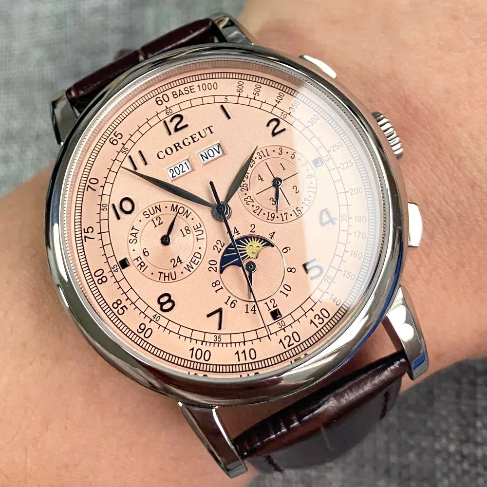 Color: Blue - Corgeut 42mm Automatic Men's Watch Date Day Month Year Rose Gold Dial Multifunction 316L Leather Strap Polished Case Day Night