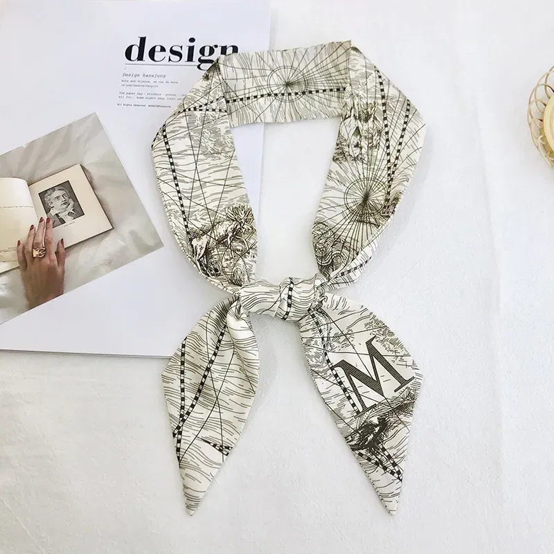 Color: Red - Sketch Style 26 Letters Temperament Small Scarf Long Silk Scarf Hair Band Narrow Headband Hair Tie Bag Handle Hair Accessories