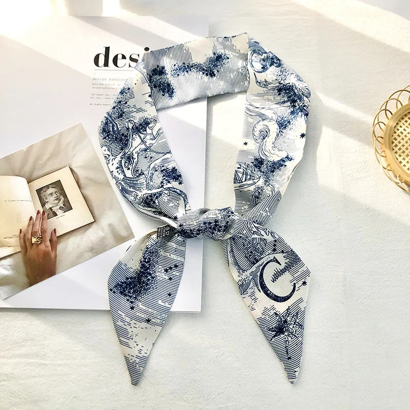 Color: Red - Sketch Style 26 Letters Temperament Small Scarf Long Silk Scarf Hair Band Narrow Headband Hair Tie Bag Handle Hair Accessories