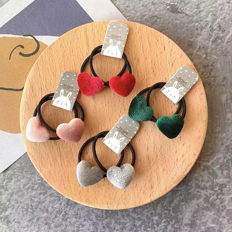Color: Red - 2pcs Velvet Heart Plaid Star Button Elastic Hair Bands Rubber Hair Rope Tie Girls Hair Scrunchie Ponytail Holder Gum Accessories