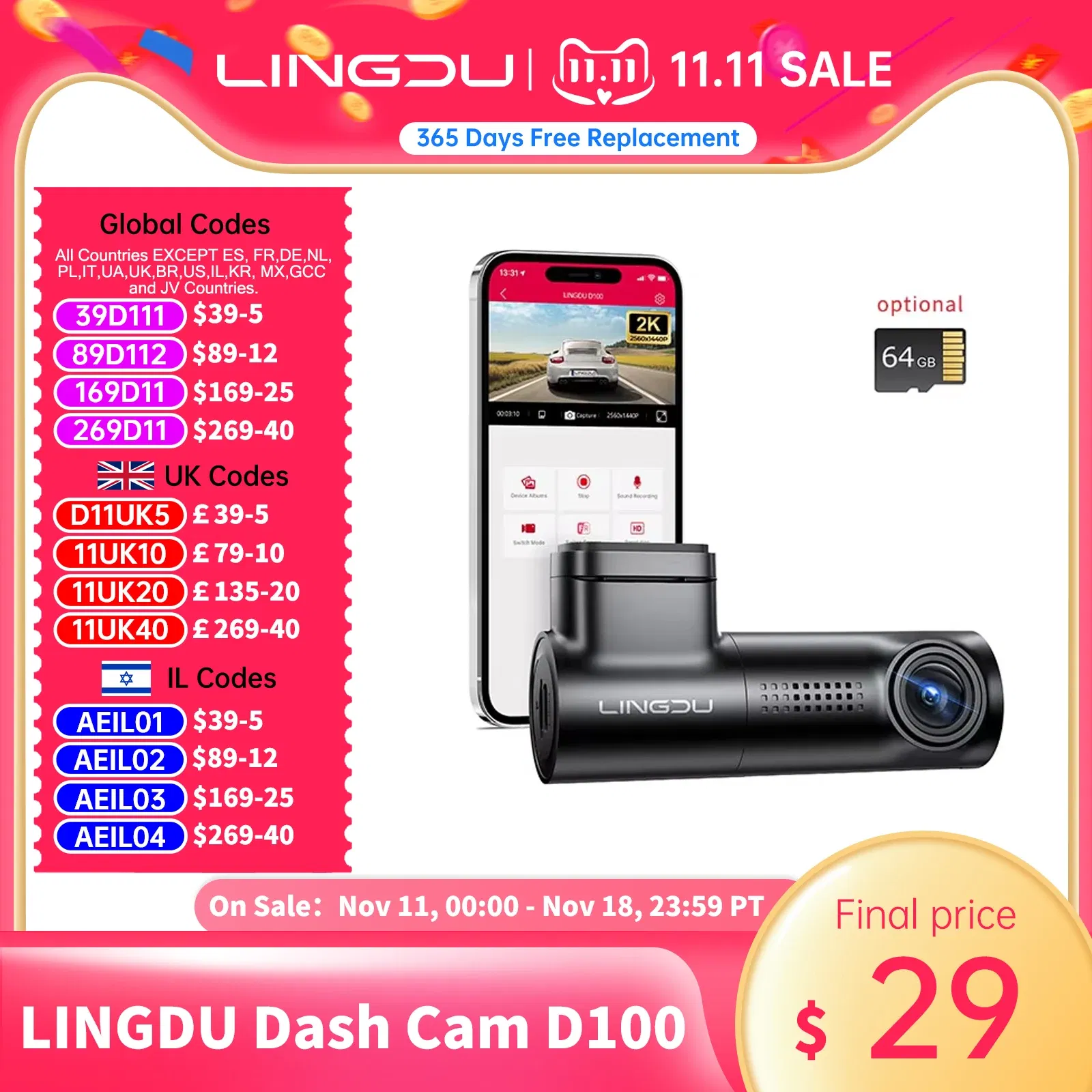 Color Name: black, Ships From: CHINA, Sd Card Memory: 8g - LINGDU D100 2.5K Dash Cam Front MINI Dash Camera for Cars Voice Control WDR Car DVR Parking Mode Built-in GPS WiFi  Night Vision