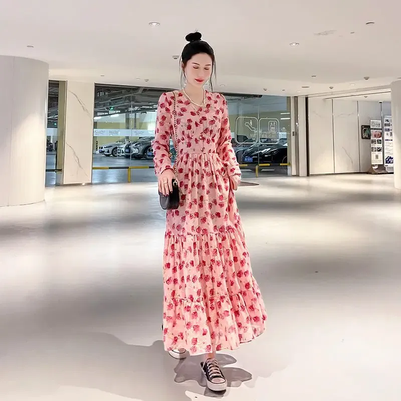 Color: Beige, Size: L - Chiffon floral dress 2024 spring/summer new high waisted slimming knee length skirt light luxury French style large skirt 3FWF