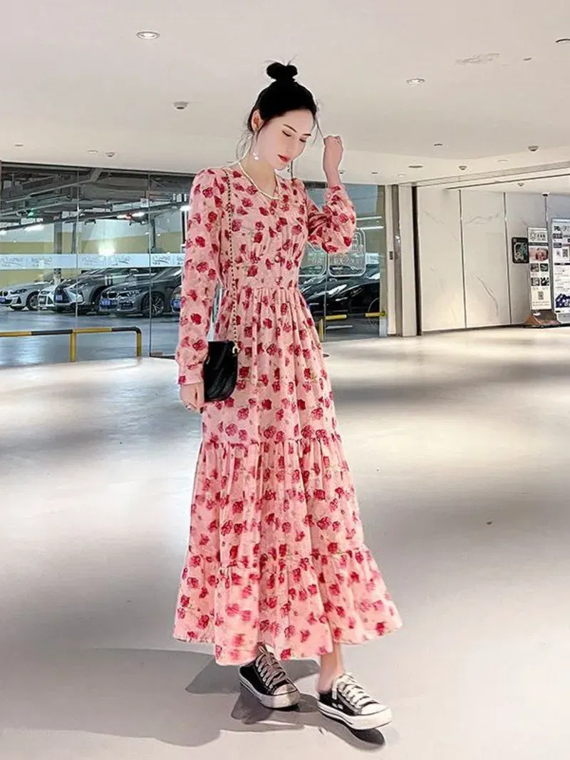 Color: Beige, Size: L - Chiffon floral dress 2024 spring/summer new high waisted slimming knee length skirt light luxury French style large skirt 3FWF