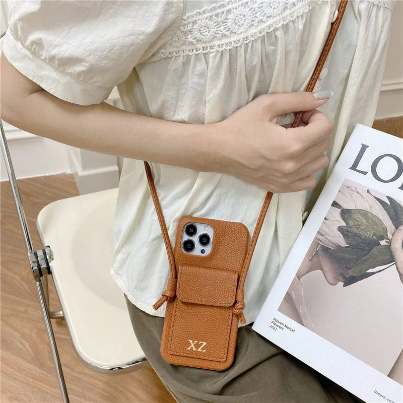 Color: Orange, Material: Silicon - Personalized Gold Silver Letters Leather PU Card Holder Lanyard Hard Case For iPhone 14 13 12 11 15 Pro Max XS XR 16 Plus Cover