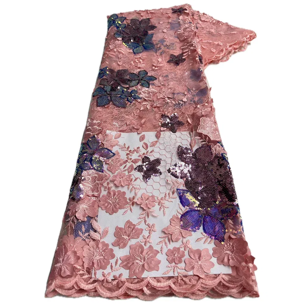 Color: pink, length: 5 yards, Width: 120cm - African French Mesh Tulle Lace Fabric Nigerian Embroidey Fabrics Sequins High Quality 2025 For Sew Evening Dresses 5 yards