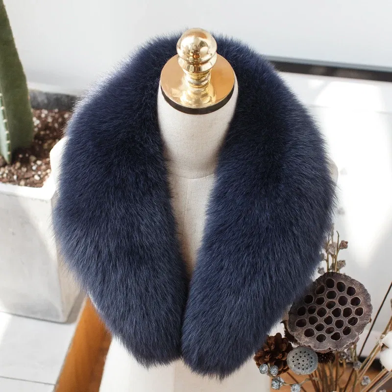 Color: Dark Khaki, Size: M - 100% Natural Real Fox Fur Collar For Women Men Coat Jacket Fur Scarf Winter Extra Large Size Neck Warmer Fur Scarf Shawls Wraps