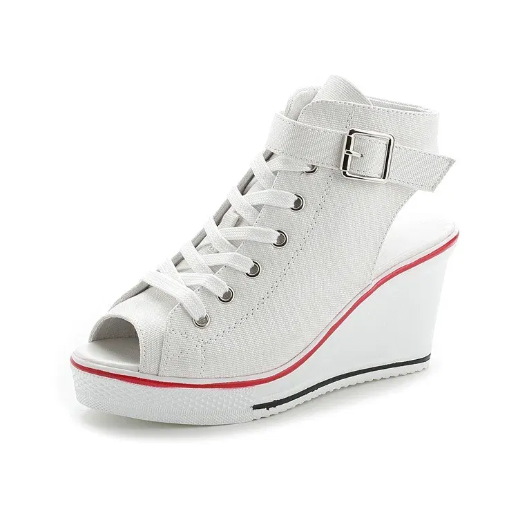 Color: WHITE, Shoe Size: 39 - Spring Summer Women's Height Increasing Platform Canvas Fish Mouth Shoes Open Toe Hollow Canvas Wedge Shoes Zapatos Para Mujer