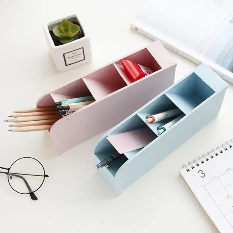 Color: green - Multi-function 4 Grid Desktop Pen Holder Office School supplies Storage Case eco-friendly wheat straw Desk Pencil Organizer