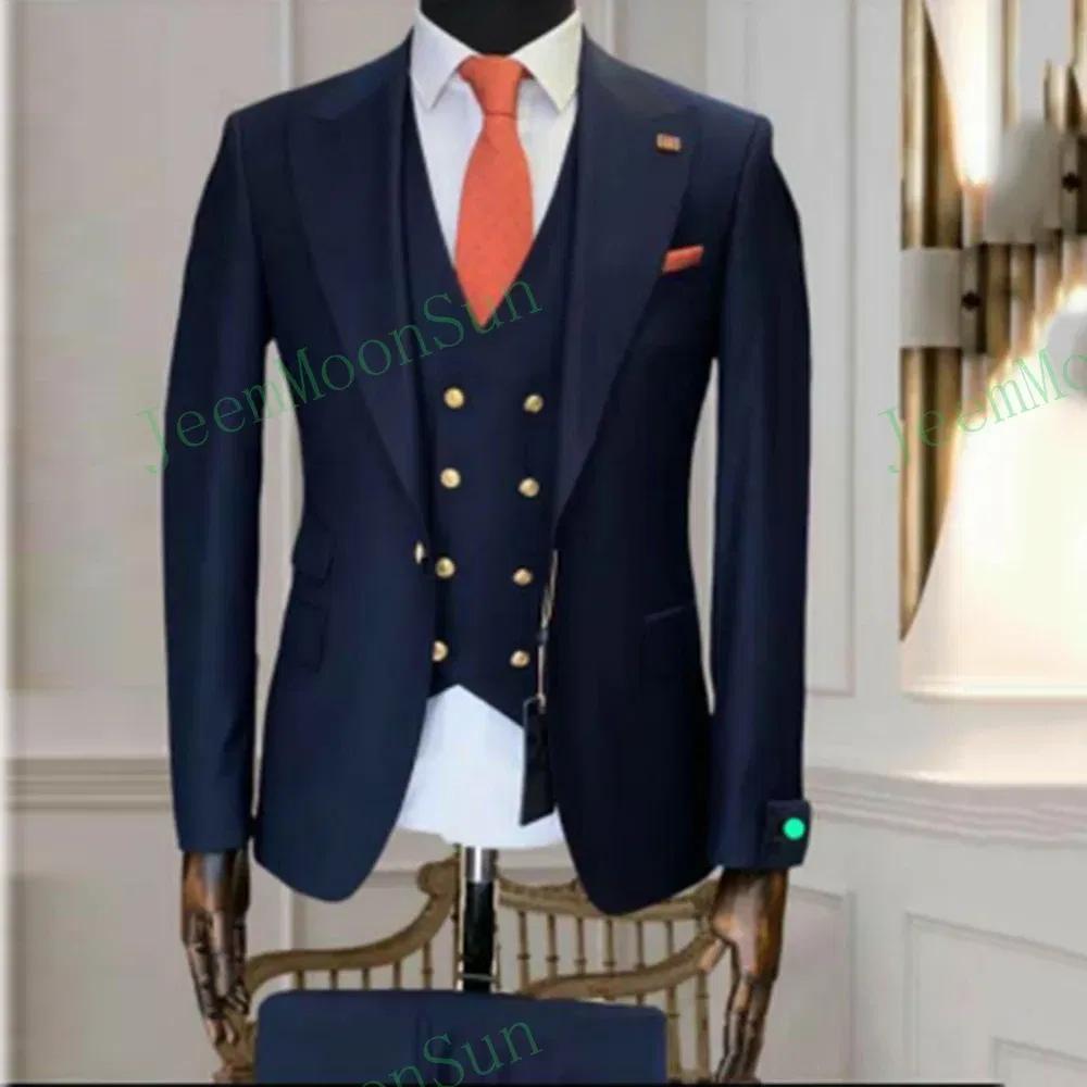 Color: Navy Blue, Size: One Size, Ships From: CHINA - 3 Pieces New White Men's Suit 2022  Peak Lapel Slim Fit Casual Tuxedos Groom Tailor Made Terno Masculino (Blazer+Pants+Vest)
