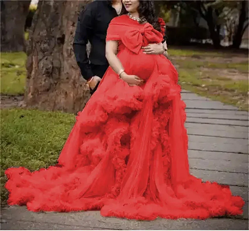 Color: Red, Maternity Size: 14, Ships From: CHINA - BIG BOW Tulle Ruffle maternity dresses photoshoot baby shower п?»?°?‚ь?µ д?»я ?±?µр?µм?µнн?‹?… فس?§تي?† ??&