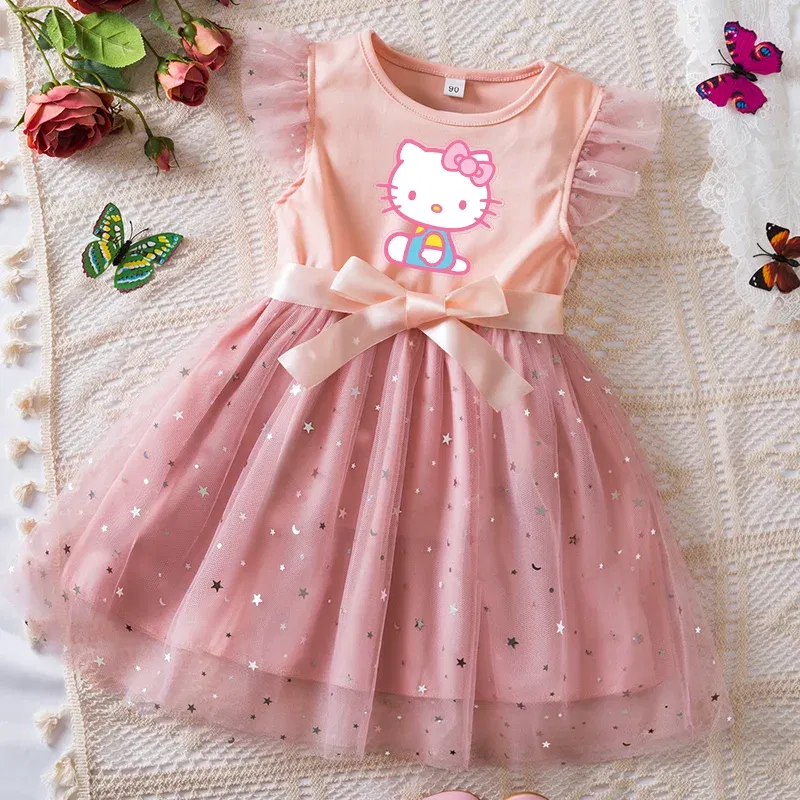 Color: GRAY, Kid Size: 9 - Hello Kitty Girls Sequin Tutu Dress with Bow Flutter Sleeves Summer Princess Party Outfit for Toddler Kids 2-6 Years