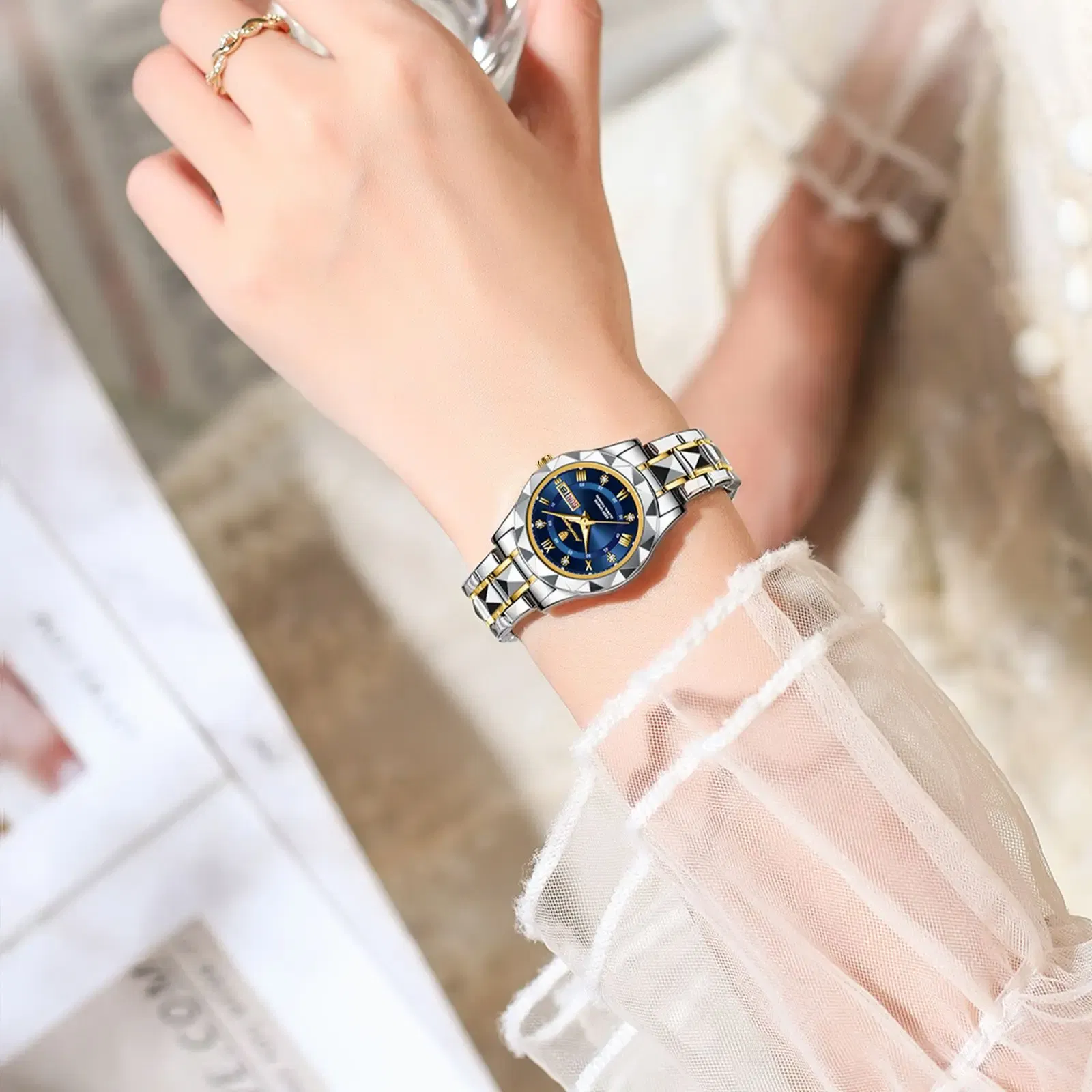 Color: Brown - POEDAGAR Luxury Ladies Dress Watch Luminous Waterproof Week Date Woman Wristwatch Stainless Steel Women Quartz Watches reloj+box