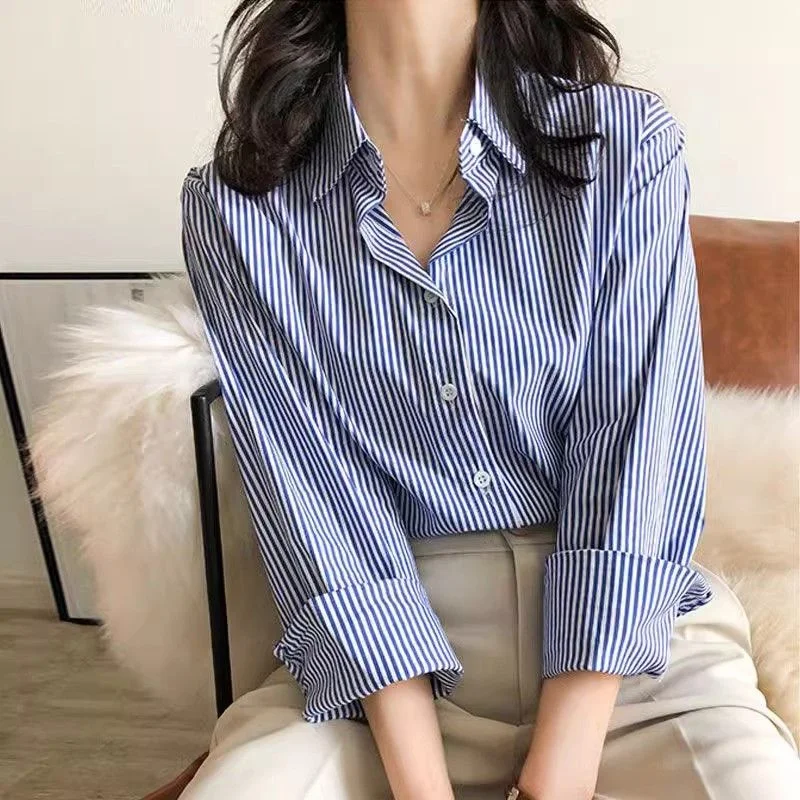 Color: Blue, Size: M - Classic Striped Woman Spring Autumn Blouses Shirt Lady Long Lantern Sleeve Stand Collar Loose Blusas Tops