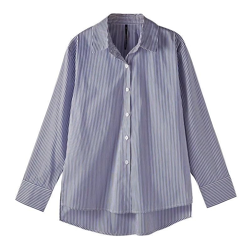 Color: Blue, Size: M - Classic Striped Woman Spring Autumn Blouses Shirt Lady Long Lantern Sleeve Stand Collar Loose Blusas Tops