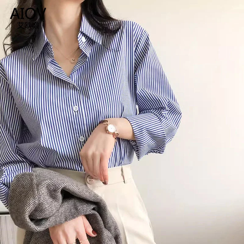 Color: Blue, Size: M - Classic Striped Woman Spring Autumn Blouses Shirt Lady Long Lantern Sleeve Stand Collar Loose Blusas Tops