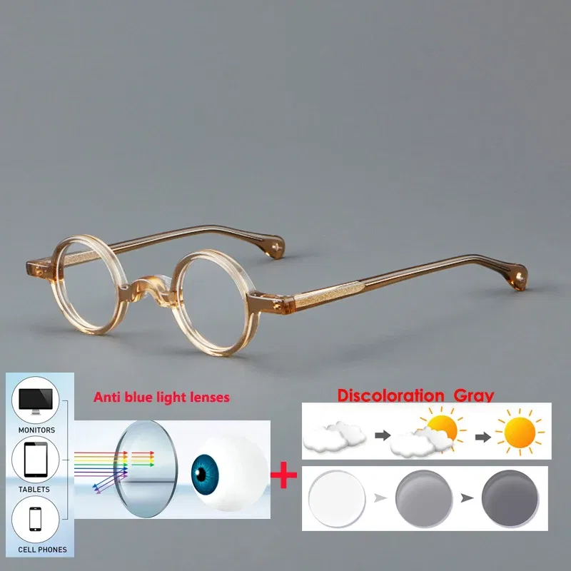 Frame Color: Ginger, Eye Prescription: 0 - VCKA Photochromic Acetate Myopia Glasses Men Retro Small Round Frames Women Custom prescription Anti-Blue Eyewear -0.5 TO -10