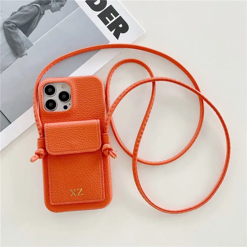 Color: Orange, Material: EVA - Personalized Gold Silver Letters Leather PU Card Holder Lanyard Hard Case For iPhone 14 13 12 11 15 Pro Max XS XR 16 Plus Cover